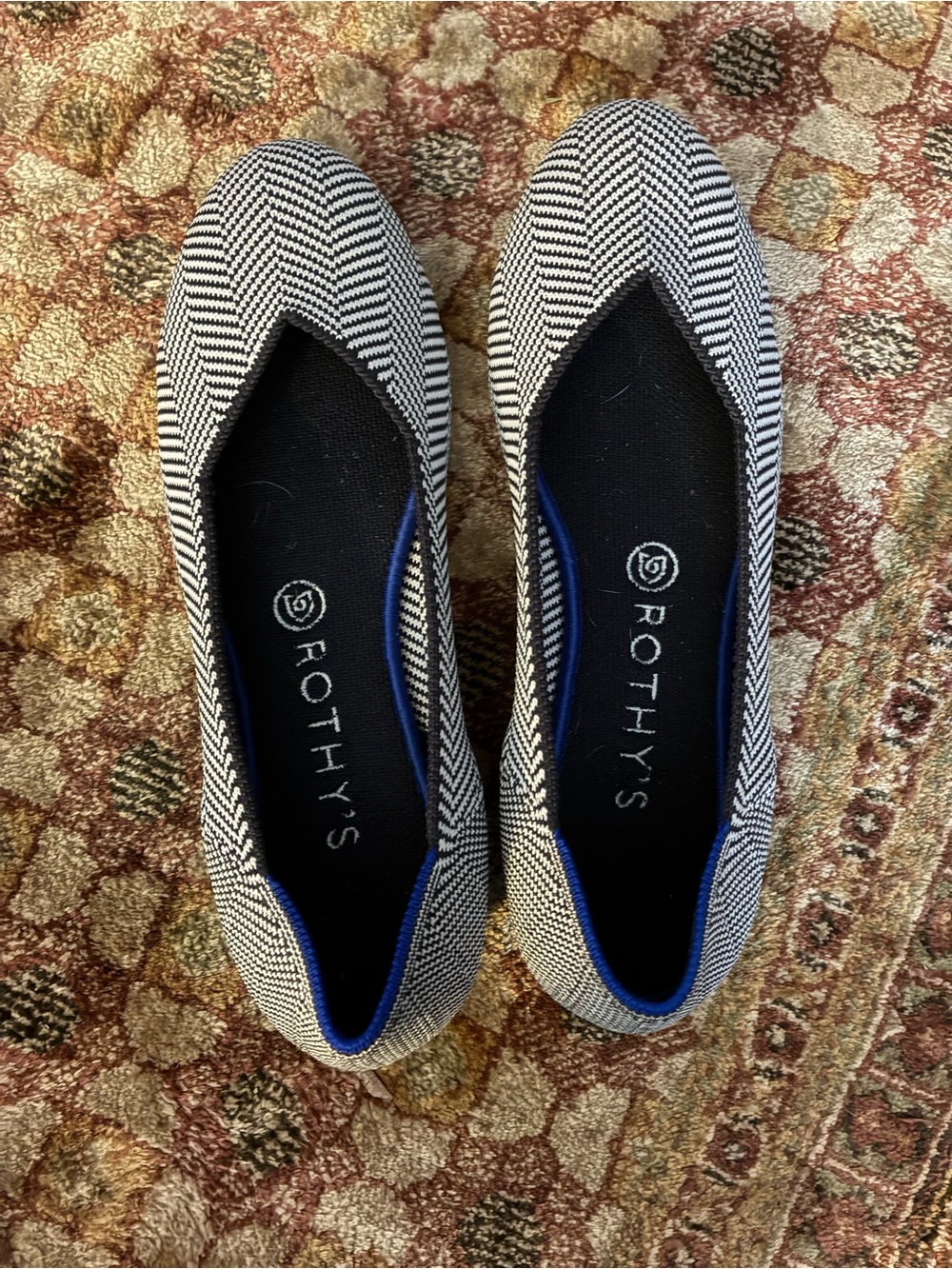 Rothy's Black & White Herringbone Flats with Blue Trim